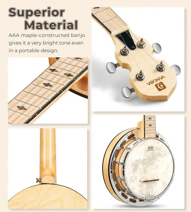 Alt view image 4 of 7 - Mini 5 String Banjo 28 Inch - Travel Maple Small Beginner Kit With Tone Ring, Fiberskyn Remo Head for Kids Teens Adults