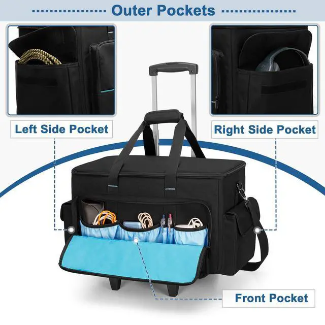 Alt view image 4 of 7 - Large Rolling DJ Cable Bag with Detachable Trolley & Divider | Padded Gig Bag, Music Gear Case with Multi Pockets for 15.6" Laptop, DJ Gear, Musical Instrument, Sound Equipment Storage