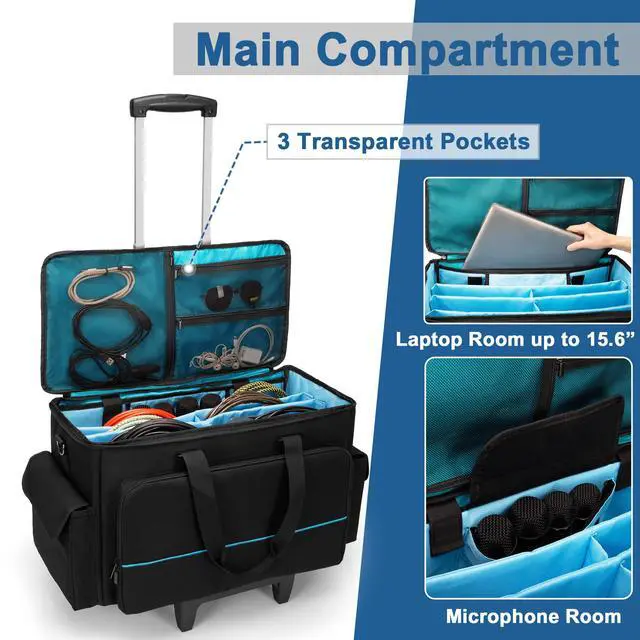 Alt view image 3 of 7 - Large Rolling DJ Cable Bag with Detachable Trolley & Divider | Padded Gig Bag, Music Gear Case with Multi Pockets for 15.6" Laptop, DJ Gear, Musical Instrument, Sound Equipment Storage