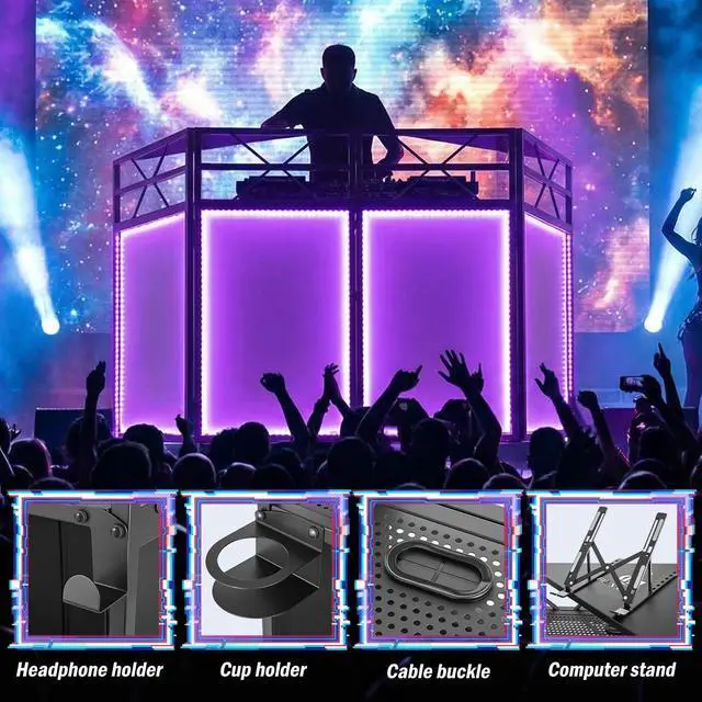 Alt view image 3 of 6 - DJ Booth - Adjustable Height (33inch / 37.8inch), Portable DJ Table Stand with Carry Bag, Black & White Blackout Cloth, Foldable DJ Facade Booth for Event, Parties, Festival, Clubs (41.1 x 20.5inch)