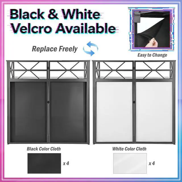 Alt view image 4 of 6 - DJ Booth - Adjustable Height (33inch / 37.8inch), Portable DJ Table Stand with Carry Bag, Black & White Blackout Cloth, Foldable DJ Facade Booth for Event, Parties, Festival, Clubs (41.1 x 20.5inch)