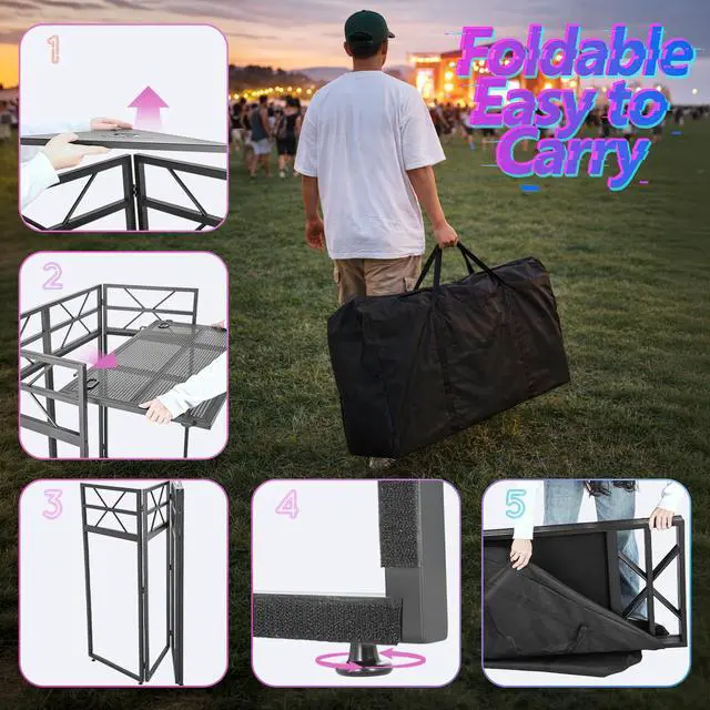 Alt view image 5 of 6 - DJ Booth - Adjustable Height (33inch / 37.8inch), Portable DJ Table Stand with Carry Bag, Black & White Blackout Cloth, Foldable DJ Facade Booth for Event, Parties, Festival, Clubs (41.1 x 20.5inch)