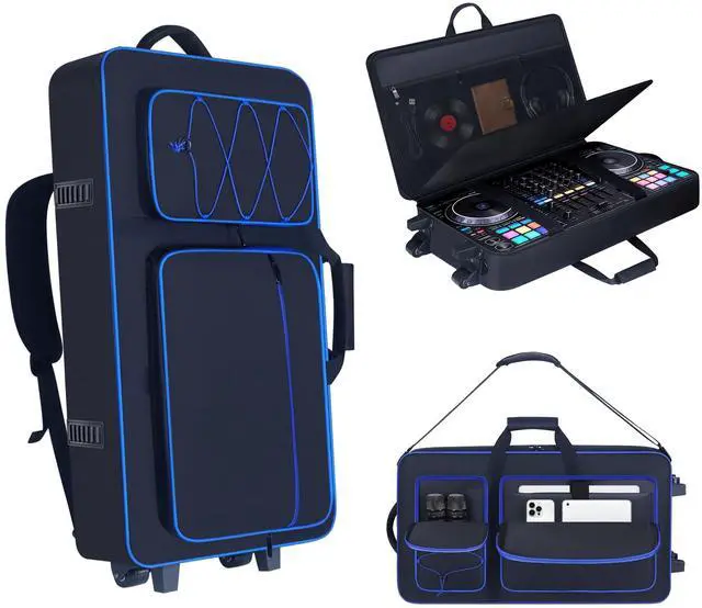 Main image of Rolling DJ Controller Case with Wheels Compatible with DDJ-FLX10/ 1000/ 1000SRT/ DDJ-GRV6/ REV5/ REV7, Padding DJ Backpack with Adjustable Shoulder Strap and Multi-Pocket for Gear (Blue, with wheels)