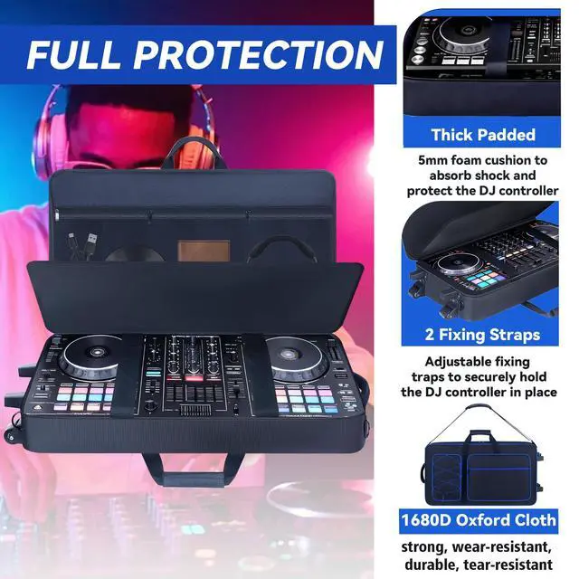 Alt view image 3 of 7 - Rolling DJ Controller Case with Wheels Compatible with DDJ-FLX10/ 1000/ 1000SRT/ DDJ-GRV6/ REV5/ REV7, Padding DJ Backpack with Adjustable Shoulder Strap and Multi-Pocket for Gear (Blue, with wheels)