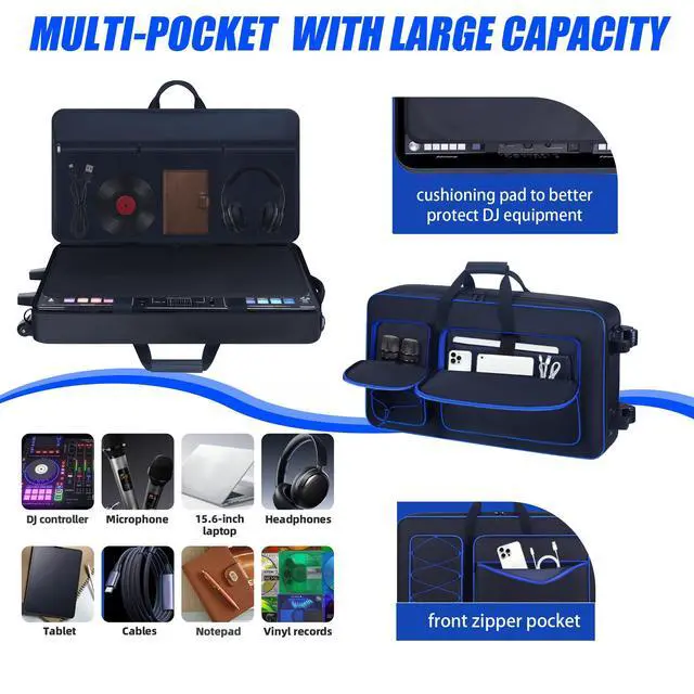 Alt view image 4 of 7 - Rolling DJ Controller Case with Wheels Compatible with DDJ-FLX10/ 1000/ 1000SRT/ DDJ-GRV6/ REV5/ REV7, Padding DJ Backpack with Adjustable Shoulder Strap and Multi-Pocket for Gear (Blue, with wheels)