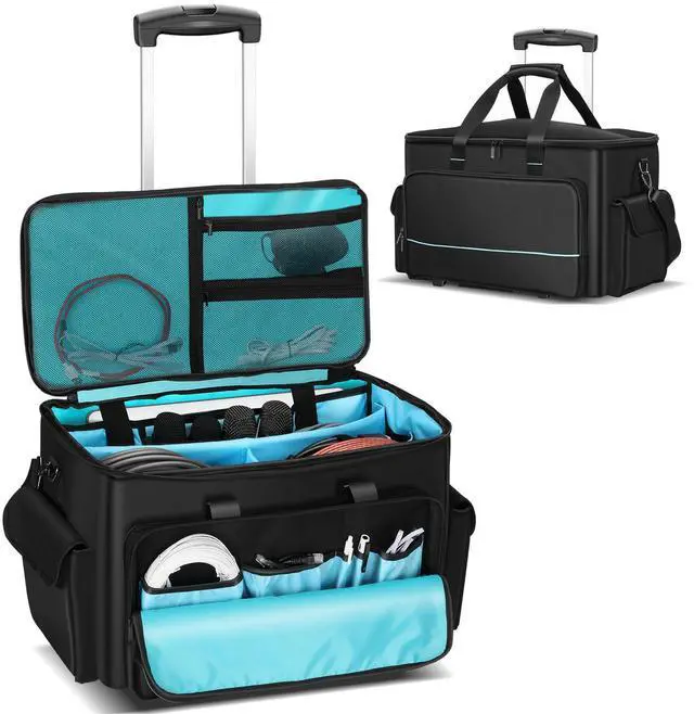Main image of DJ Cable Bag, Rolling DJ Cable Bag with Detachable Trolley & Dividers | Large Capacity Gig Bag with Laptop Compartment, Professional Organizer Bag for Cables, Microphones, and DJ Equipment