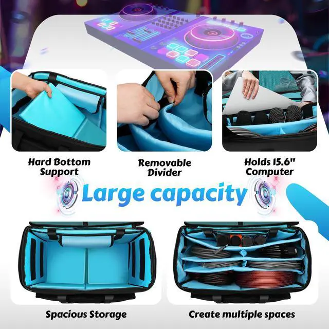 Alt view image 2 of 7 - DJ Cable Bag, Rolling DJ Cable Bag with Detachable Trolley & Dividers | Large Capacity Gig Bag with Laptop Compartment, Professional Organizer Bag for Cables, Microphones, and DJ Equipment