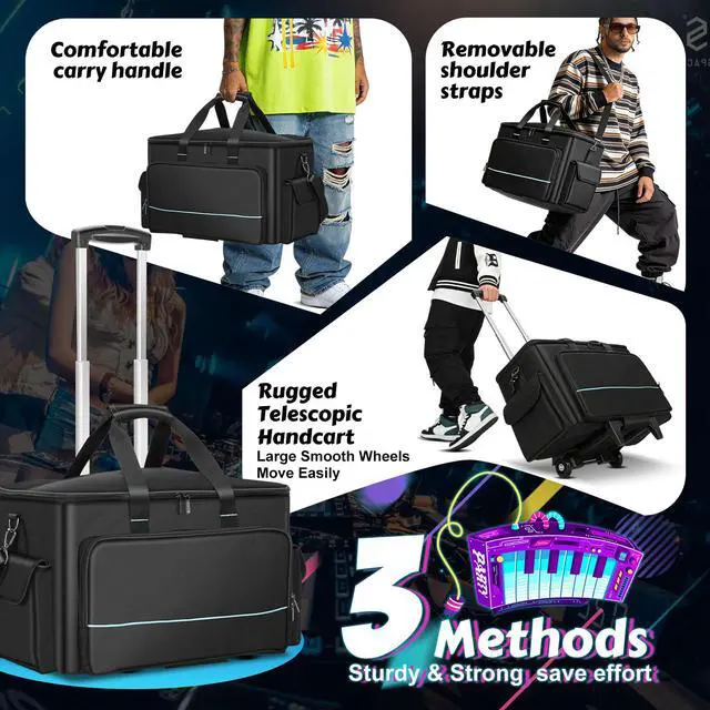 Alt view image 4 of 7 - DJ Cable Bag, Rolling DJ Cable Bag with Detachable Trolley & Dividers | Large Capacity Gig Bag with Laptop Compartment, Professional Organizer Bag for Cables, Microphones, and DJ Equipment