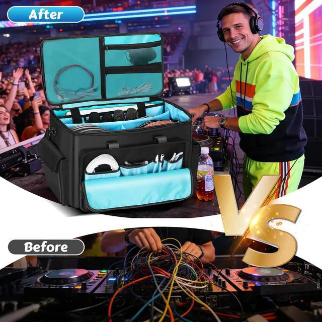 Alt view image 5 of 7 - DJ Cable Bag, Rolling DJ Cable Bag with Detachable Trolley & Dividers | Large Capacity Gig Bag with Laptop Compartment, Professional Organizer Bag for Cables, Microphones, and DJ Equipment