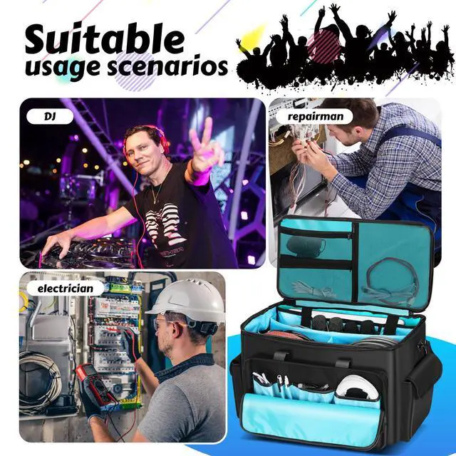 Alt view image 6 of 7 - DJ Cable Bag, Rolling DJ Cable Bag with Detachable Trolley & Dividers | Large Capacity Gig Bag with Laptop Compartment, Professional Organizer Bag for Cables, Microphones, and DJ Equipment