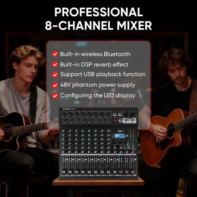 Alt view image 2 of 7 - 8 Channel Mixer, Professional Audio Mixing Console Studio DJ Board with Bluetooth, 99 DSP Effect,USB Recording, 48V Phantom Power, Reverb, MP3 Player for Live Sound Karaoke Performance