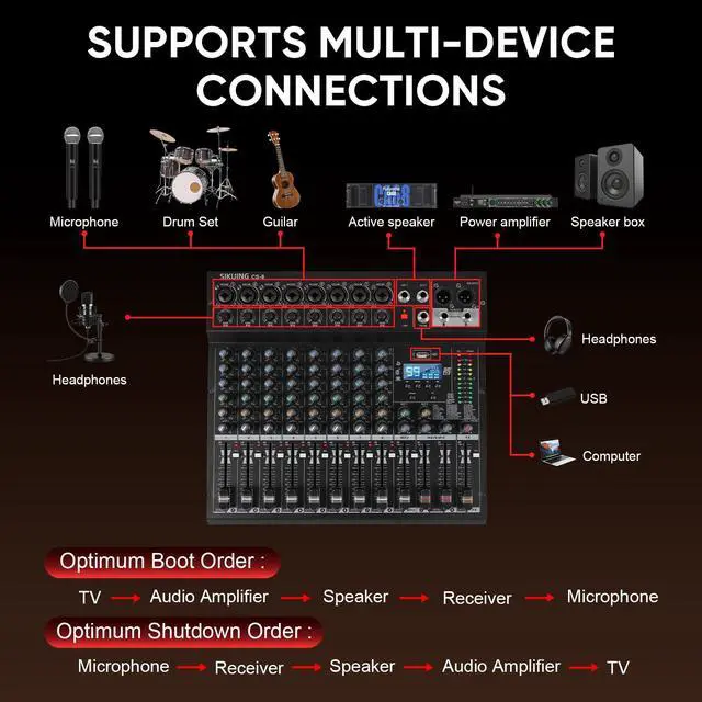 Alt view image 4 of 7 - 8 Channel Mixer, Professional Audio Mixing Console Studio DJ Board with Bluetooth, 99 DSP Effect,USB Recording, 48V Phantom Power, Reverb, MP3 Player for Live Sound Karaoke Performance