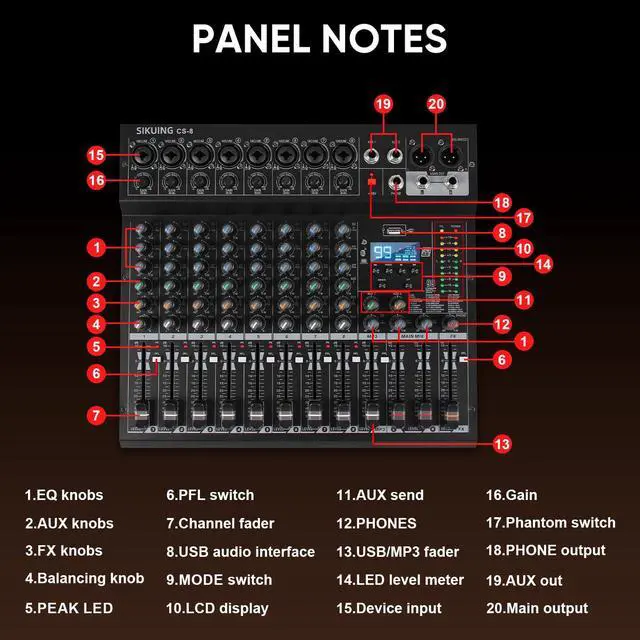 Alt view image 3 of 7 - 8 Channel Mixer, Professional Audio Mixing Console Studio DJ Board with Bluetooth, 99 DSP Effect,USB Recording, 48V Phantom Power, Reverb, MP3 Player for Live Sound Karaoke Performance