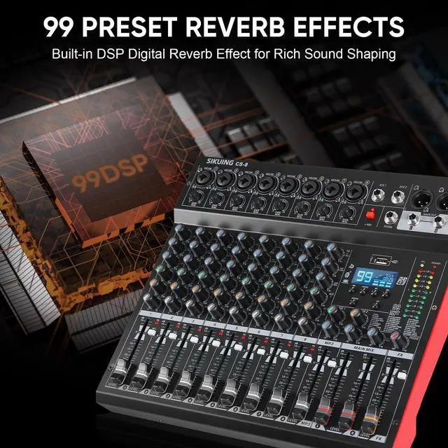 Alt view image 5 of 7 - 8 Channel Mixer, Professional Audio Mixing Console Studio DJ Board with Bluetooth, 99 DSP Effect,USB Recording, 48V Phantom Power, Reverb, MP3 Player for Live Sound Karaoke Performance