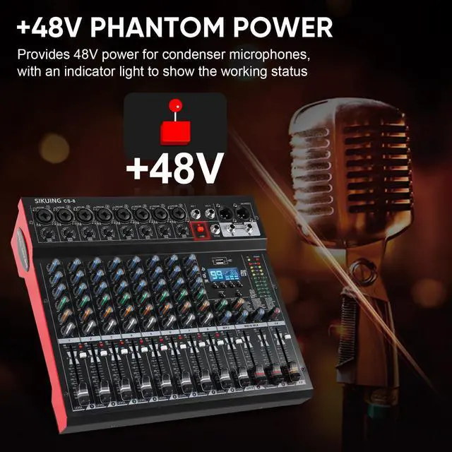 Alt view image 7 of 7 - 8 Channel Mixer, Professional Audio Mixing Console Studio DJ Board with Bluetooth, 99 DSP Effect,USB Recording, 48V Phantom Power, Reverb, MP3 Player for Live Sound Karaoke Performance