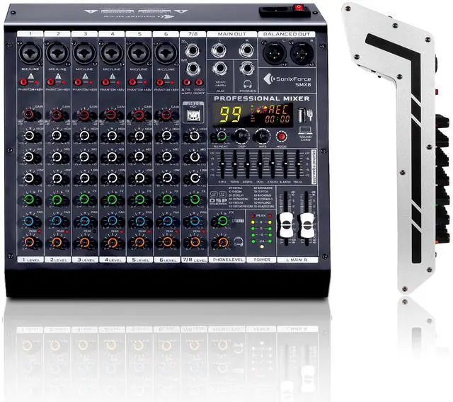 Main image of 8 Channel Audio Mixer, 99 DSP Effects Sound Board Console | 8-Ch Stereo DJ Mixer for Recording & Streaming, USB Drive, Media Playback, PC Audio Interface, EQ Control, 48V Phantom Power