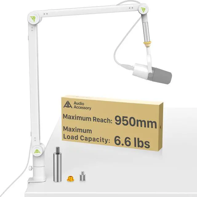 Main image of White Mic Boom Arm (Design for Heavy Mic) Extra-Long 950mm, 6.6lbs Load Capacity, Gear-Lock Suspension Scissor Microphone Stand Desk Mount for Shure SM7B SM7dB MV7, Blue Yeti, Rode