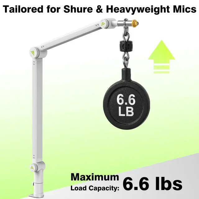 Alt view image 3 of 7 - White Mic Boom Arm (Design for Heavy Mic) Extra-Long 950mm, 6.6lbs Load Capacity, Gear-Lock Suspension Scissor Microphone Stand Desk Mount for Shure SM7B SM7dB MV7, Blue Yeti, Rode