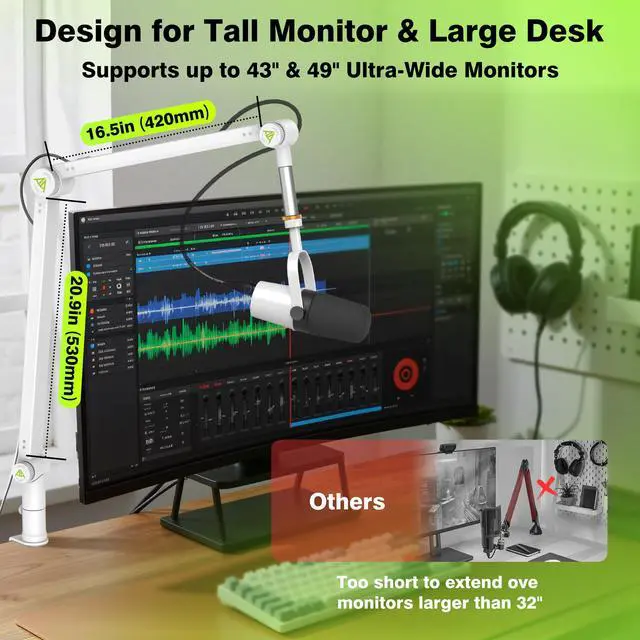 Alt view image 5 of 7 - White Mic Boom Arm (Design for Heavy Mic) Extra-Long 950mm, 6.6lbs Load Capacity, Gear-Lock Suspension Scissor Microphone Stand Desk Mount for Shure SM7B SM7dB MV7, Blue Yeti, Rode
