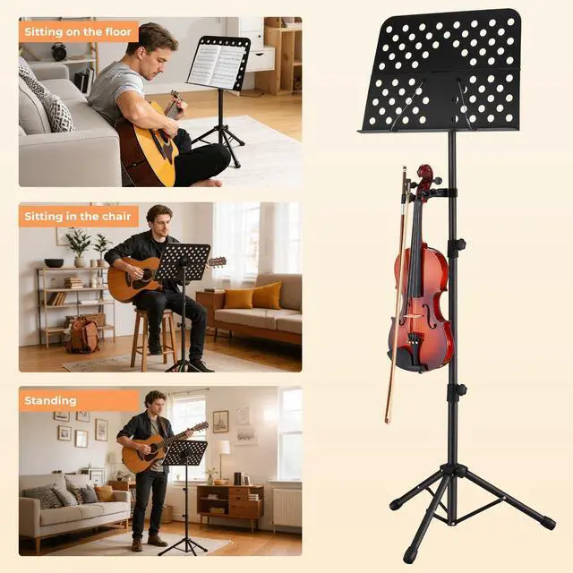 Alt view image 2 of 7 - Sheet Music Stand, Professional Portable Music Stand for Sheet Music with Violin Hanger, Folding Sheet Music Folder Music Instrument Stand with Carrying Bag, MD-3