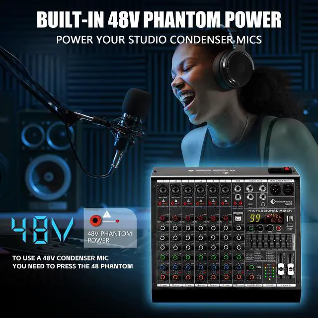 Alt view image 5 of 7 - 8 Channel Audio Mixer, 99 DSP Effects Sound Board Console | 8-Ch Stereo DJ Mixer for Recording & Streaming, USB Drive, Media Playback, PC Audio Interface, EQ Control, 48V Phantom Power