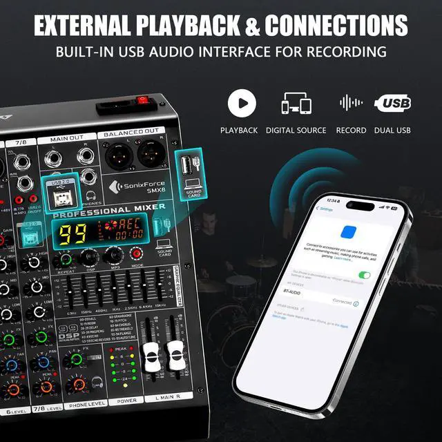 Alt view image 4 of 7 - 8 Channel Audio Mixer, 99 DSP Effects Sound Board Console | 8-Ch Stereo DJ Mixer for Recording & Streaming, USB Drive, Media Playback, PC Audio Interface, EQ Control, 48V Phantom Power