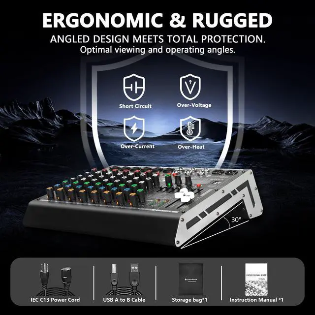 Alt view image 7 of 7 - 8 Channel Audio Mixer, 99 DSP Effects Sound Board Console | 8-Ch Stereo DJ Mixer for Recording & Streaming, USB Drive, Media Playback, PC Audio Interface, EQ Control, 48V Phantom Power