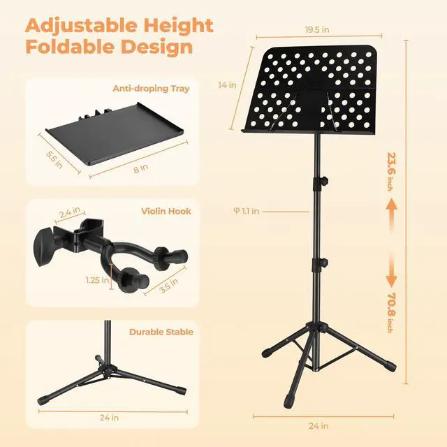 Alt view image 7 of 7 - Sheet Music Stand, Professional Portable Music Stand for Sheet Music with Violin Hanger, Folding Sheet Music Folder Music Instrument Stand with Carrying Bag, MD-3