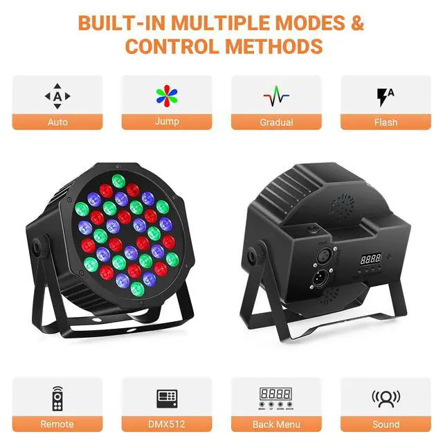 Alt view image 4 of 7 - Battery Powered Stage Par Lights: 36W RGB Rechargeable - 6 to 15Hours Working Time - Remote DMX Control - Great for Mobile DJ Party Planner - Uplights for Events Wedding Music Dance Show Band - 4Pack