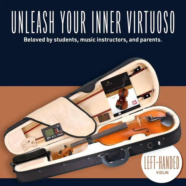 Alt view image 2 of 7 - 4/4 Violin Set Full Size Fiddle Solidwood Ebony Fitted LEFT-HANDED Violin with D'Addario Prelude Strings | Complete Set with Hard Case, Bows, Tuner, Rosin & Shoulder Rest