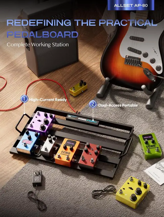 Alt view image 2 of 7 - AP-80 Guitar Effects Pedal Board with Built-in High Current Power Supply | Noise Reduction | Durable Aluminum Case | Patch Cables& Portable Gig Bag|For Electric Guitar & Bass