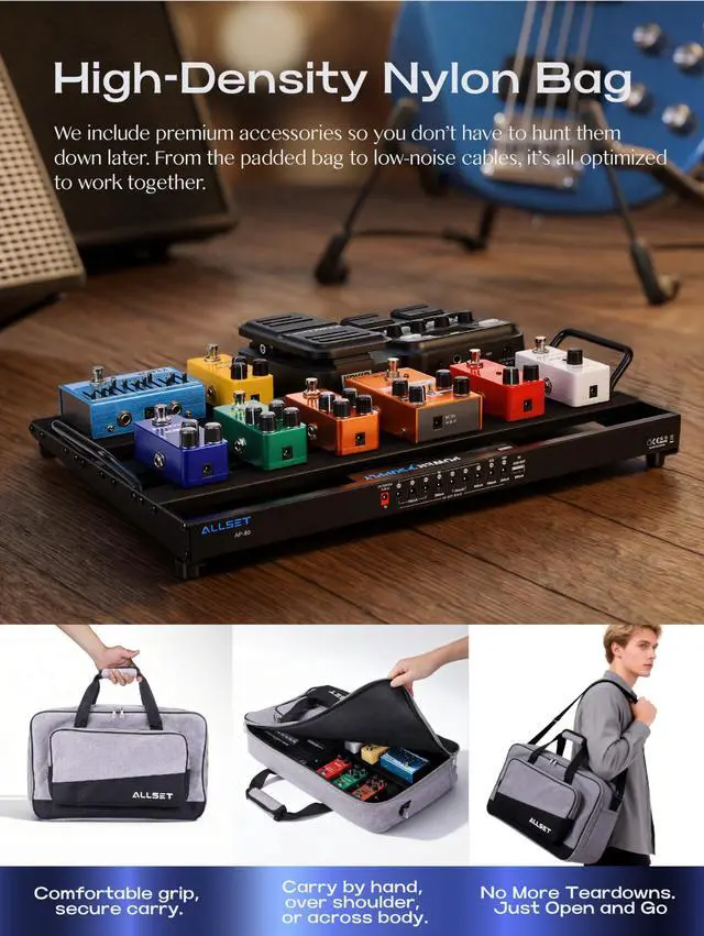 Alt view image 6 of 7 - AP-80 Guitar Effects Pedal Board with Built-in High Current Power Supply | Noise Reduction | Durable Aluminum Case | Patch Cables& Portable Gig Bag|For Electric Guitar & Bass