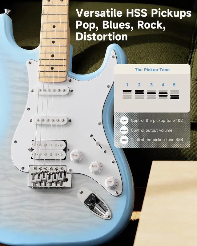 Alt view image 2 of 7 - DST-90 Electric Guitar, 39" Full Size Beginner Electric Guitar Kit with Amp, HSS Pickup, Gig Bag, Tuner, Capo, Strap, Strings, Cable, Picks, Plumbago Burst