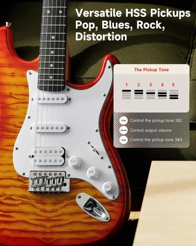 Alt view image 2 of 7 - DST-90 Electric Guitar, 39" Full Size Beginner Electric Guitar Kit with Amp, HSS Pickup, Gig Bag, Tuner, Capo, Strap, Strings, Cable, Picks, Icetea Burst