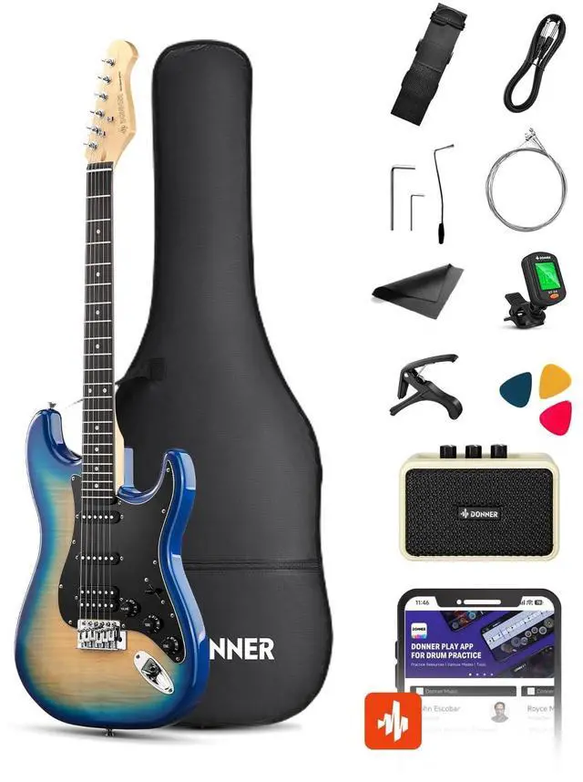 Main image of DST-90 Electric Guitar, 39" Full Size Beginner Electric Guitar Kit with Amp, HSS Pickup, Gig Bag, Tuner, Capo, Strap, Strings, Cable, Picks, Caribbean Burst