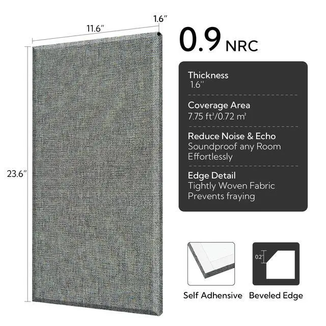 Alt view image 2 of 7 - Fiberglass Acoustic Wall Panels 4 Pack, 11.8'' x 23.6'' Sound Panels, Fabric Wrapped Sound Proof Panels for Walls (Dark Grey)