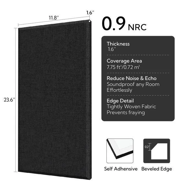 Alt view image 2 of 7 - Fiberglass Acoustic Wall Panels 4 Pack, 11.8'' x 23.6'' Sound Panels, Fabric Wrapped Sound Proof Panels for Walls (Black)