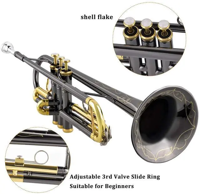 Alt view image 2 of 7 - Bb Trumpet Standard Trumpet Set with Carrying Case,Gloves, 7C Mouthpiece, Tuning Rod, Black Nickel,Hand Carved Craft