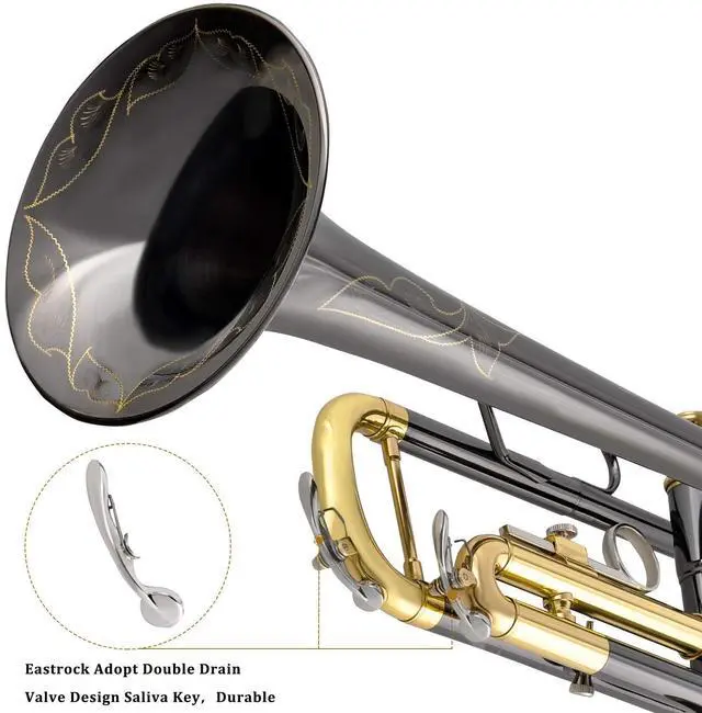 Alt view image 4 of 7 - Bb Trumpet Standard Trumpet Set with Carrying Case,Gloves, 7C Mouthpiece, Tuning Rod, Black Nickel,Hand Carved Craft