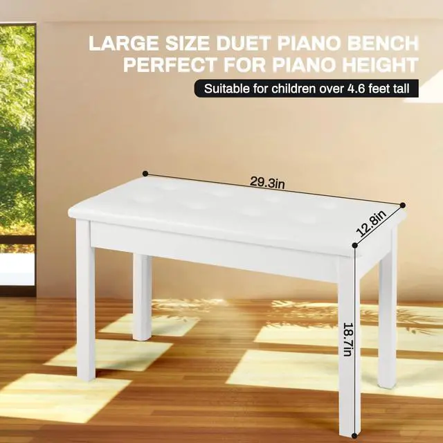 Alt view image 2 of 7 - Piano Stool with Storage Piano Stool with Padding Wooden Keyboard Piano Double Seat with Waterproof and Non-Slip, White