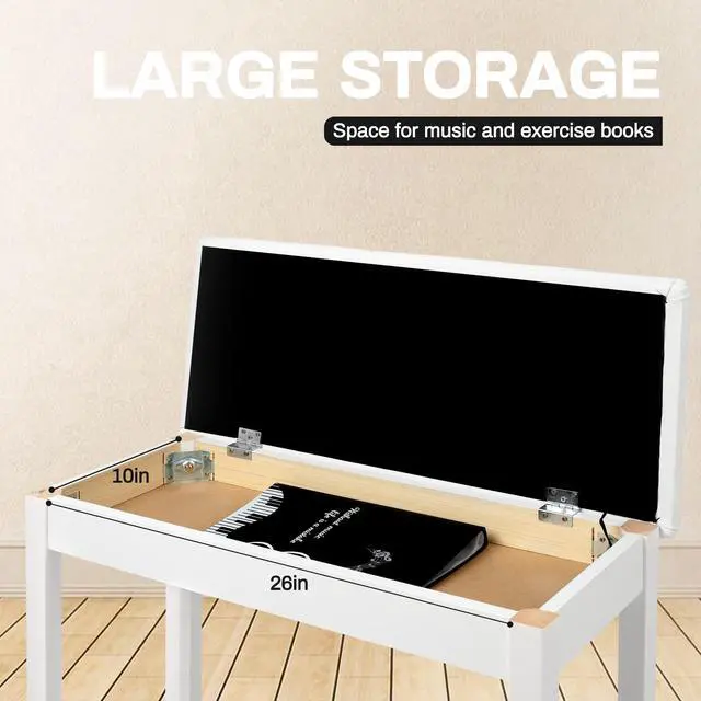 Alt view image 6 of 7 - Piano Stool with Storage Piano Stool with Padding Wooden Keyboard Piano Double Seat with Waterproof and Non-Slip, White