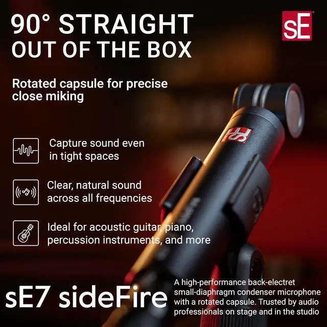 Alt view image 2 of 7 - sE7 sideFire XLR Small Diaphragm Condenser Microphone with 90° Rotated Capsule - Professional Instrument Microphone for Drums & Guitar in Studio or on Stage - Music Recording Mic