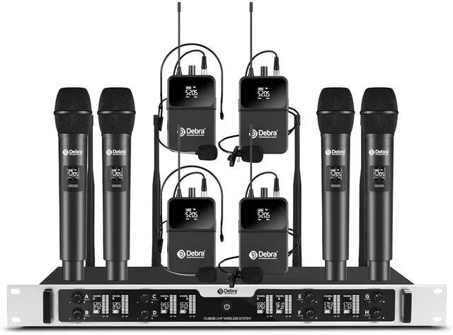 Main image of Debra Wireless Microphone System Pro DU8008 UHF 8 * 16 Adjustable Channel Wireless Handheld Lavalier Headset Mics, Ideal for Meeting Church Speech Party (4 Handheld 4 Bodypack)