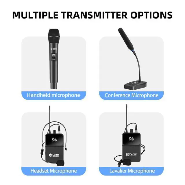 Alt view image 3 of 7 - Debra Wireless Microphone System Pro DU8008 UHF 8 * 16 Adjustable Channel Wireless Handheld Lavalier Headset Mics, Ideal for Meeting Church Speech Party (4 Handheld 4 Bodypack)