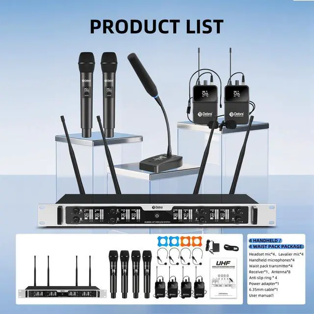 Alt view image 7 of 7 - Debra Wireless Microphone System Pro DU8008 UHF 8 * 16 Adjustable Channel Wireless Handheld Lavalier Headset Mics, Ideal for Meeting Church Speech Party (4 Handheld 4 Bodypack)