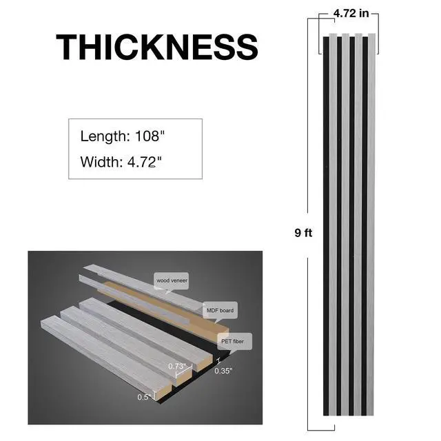 Alt view image 4 of 6 - Wood Wall Panels, 9 Feet Acoustic Slat Wall Panels for Interior Wall Decor and Noise Reduction, Decorative Slat Wall Paneling, Gray Oak, 6-Piece