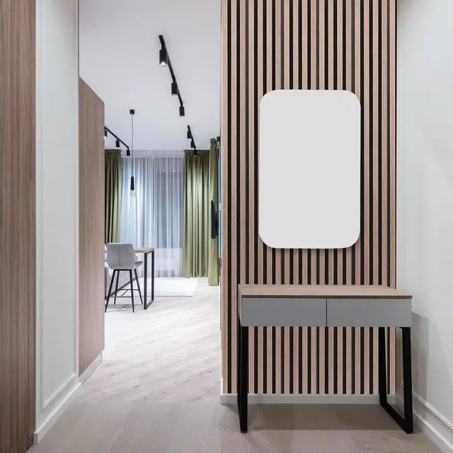 Alt view image 5 of 6 - Wood Wall Panels, 9 Feet Acoustic Slat Wall Panels for Interior Wall Decor and Noise Reduction, Decorative Slat Wall Paneling, Smoked Oak, 6-Piece