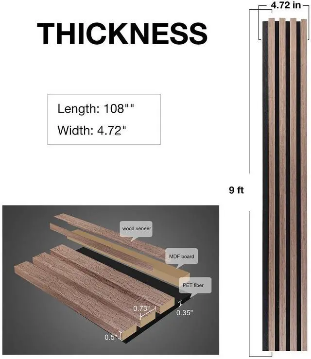 Alt view image 4 of 6 - Wood Wall Panels, 9 Feet Acoustic Slat Wall Panels for Interior Wall Decor and Noise Reduction, Decorative Slat Wall Paneling, Smoked Oak, 6-Piece