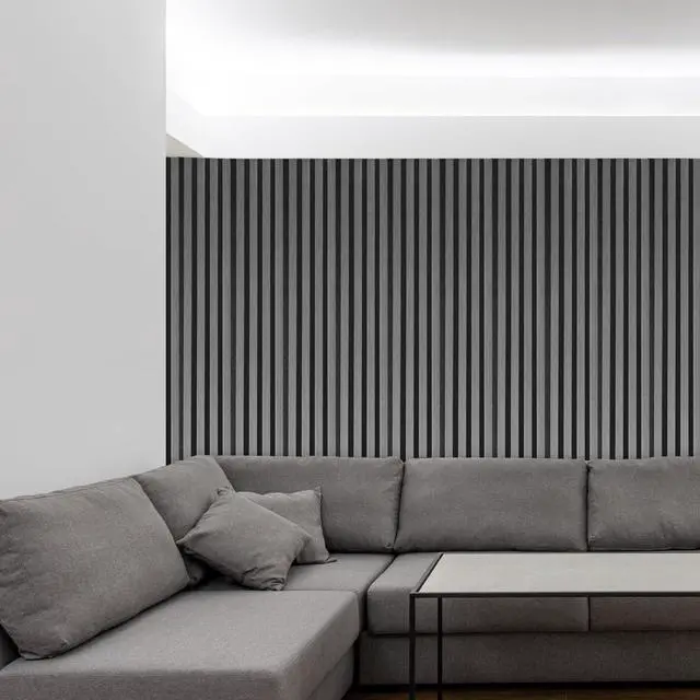 Alt view image 5 of 6 - Wood Wall Panels, 9 Feet Acoustic Slat Wall Panels for Interior Wall Decor and Noise Reduction, Decorative Slat Wall Paneling, Dark Gray Oak, 6-Piece
