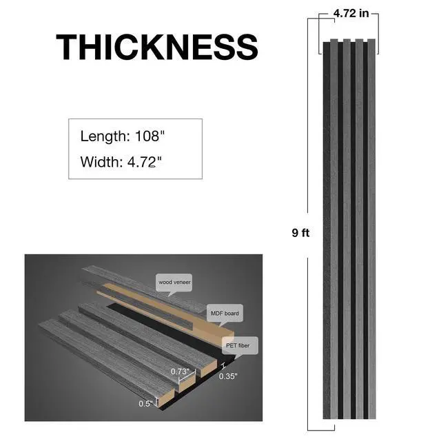 Alt view image 4 of 6 - Wood Wall Panels, 9 Feet Acoustic Slat Wall Panels for Interior Wall Decor and Noise Reduction, Decorative Slat Wall Paneling, Dark Gray Oak, 6-Piece